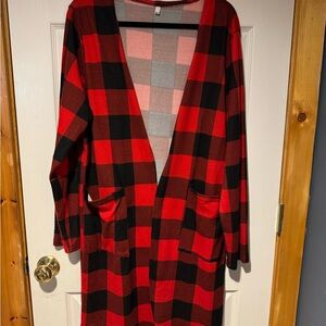 Plaid Open Front Cardigan - Red and Black